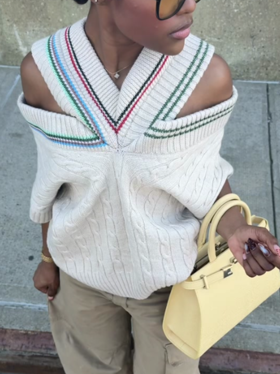 Open-Shoulder Contrast Knit Sweater